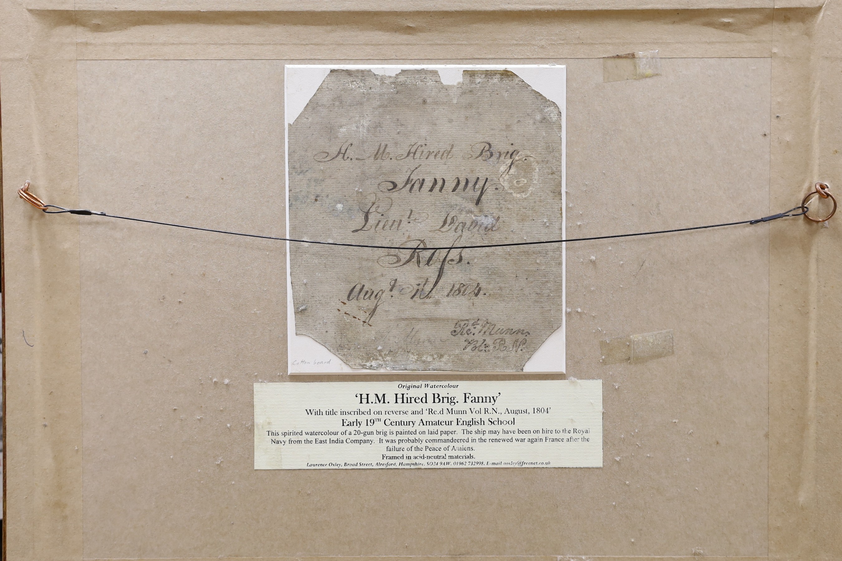 English School, 19th century, watercolour, ‘Hired Brig. Fanny’, Fanny', title inscribed verso ‘Re.D.Munn Vol R.N. August 1804', with original labels verso, 13 x 23cm